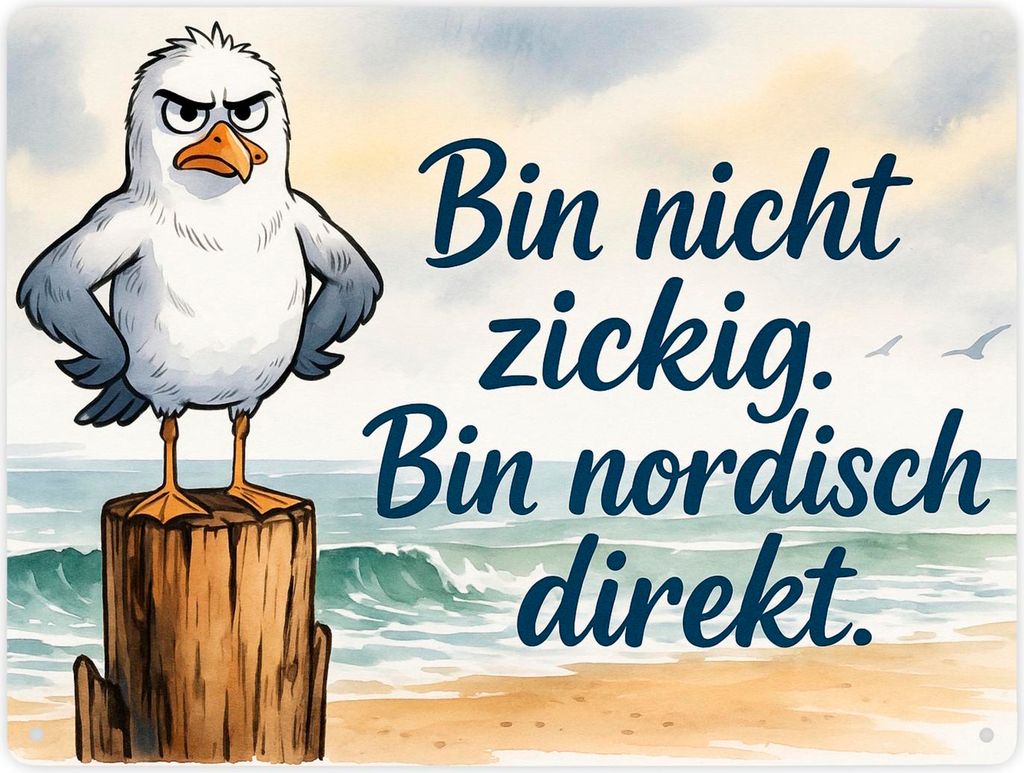 Möwe am Strand Metallschild XXL in 28x38 cm mit nordischem Humor