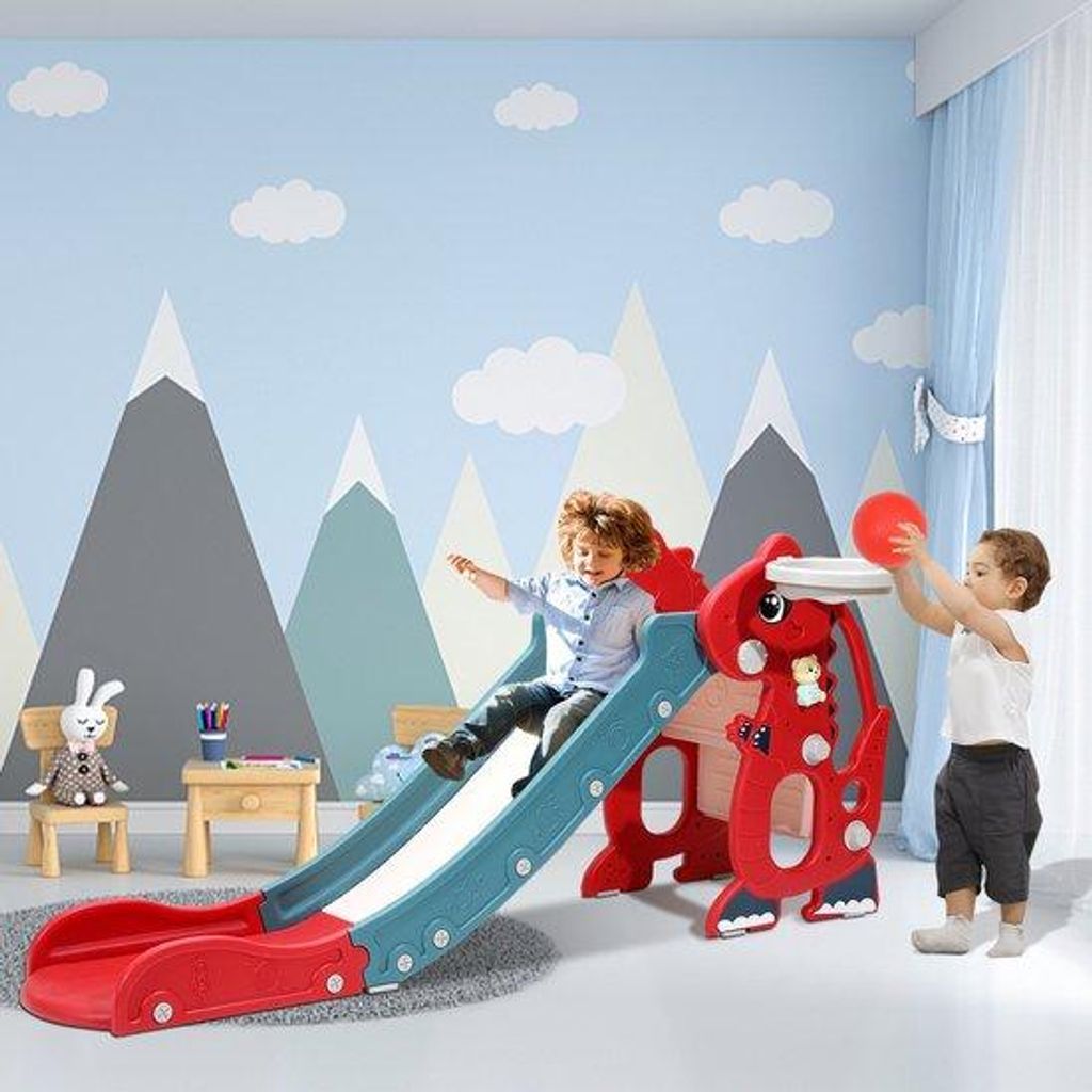 4-in-1 Spielgerät mit Kletterrek und Basketballring - Spielzeug für Innen und Außen - Geeignet für Kinder 1-3 Jahre Rot