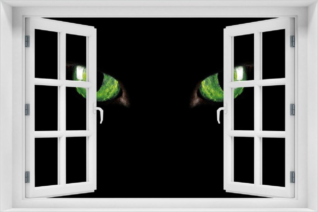 Wallario Poster mit Fenster-Illusion: Grüne Katzenaugen bei Nacht, Größe: 100 x 150 cm