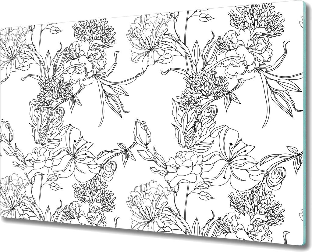 Glas-Herdabdeckplatte Glaskeramikkochfeld-Abdeckung - 80x52 cm - Weiße und schwarze Blumen
