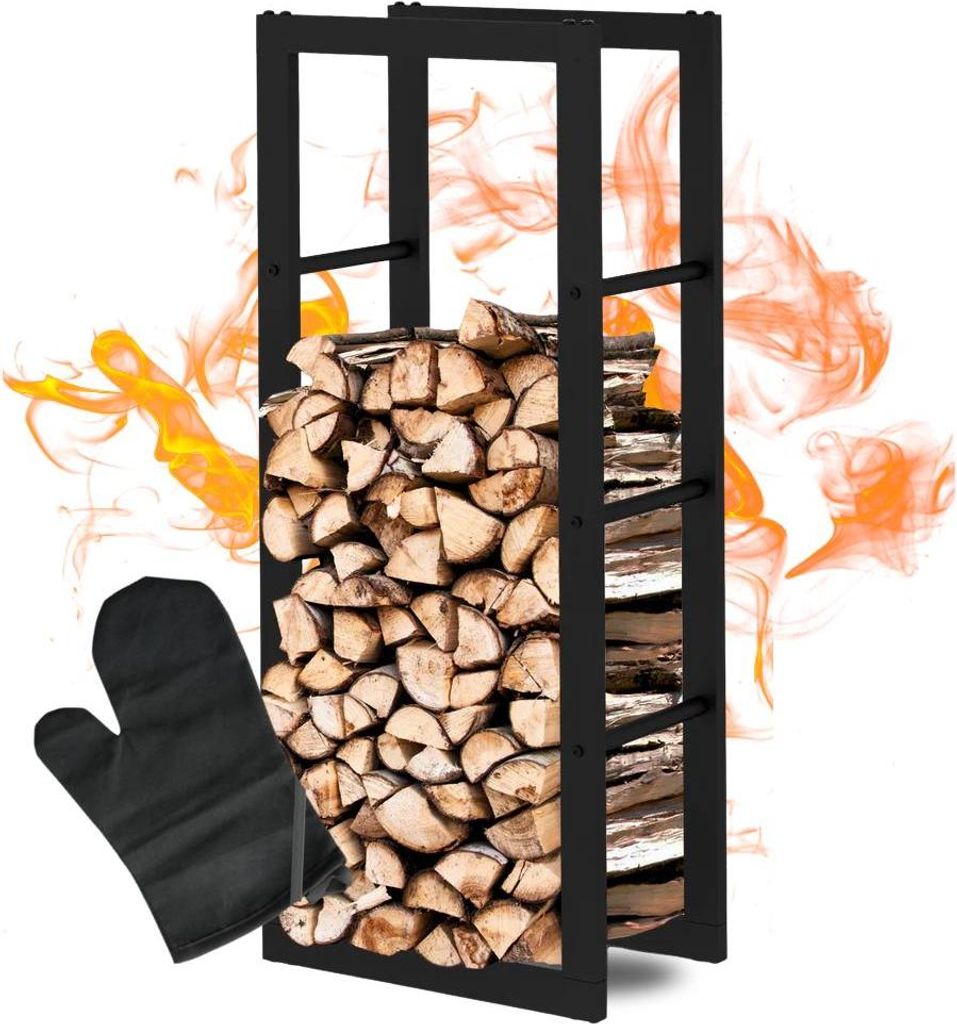 DELUKE Kaminholzregal innen Metall KEOP | Schwarz | 40x25x100cm | Brennholzregal Inkl. Ofenhandschuh | Feuerholzregal Kaminholzhalter Holzstände...