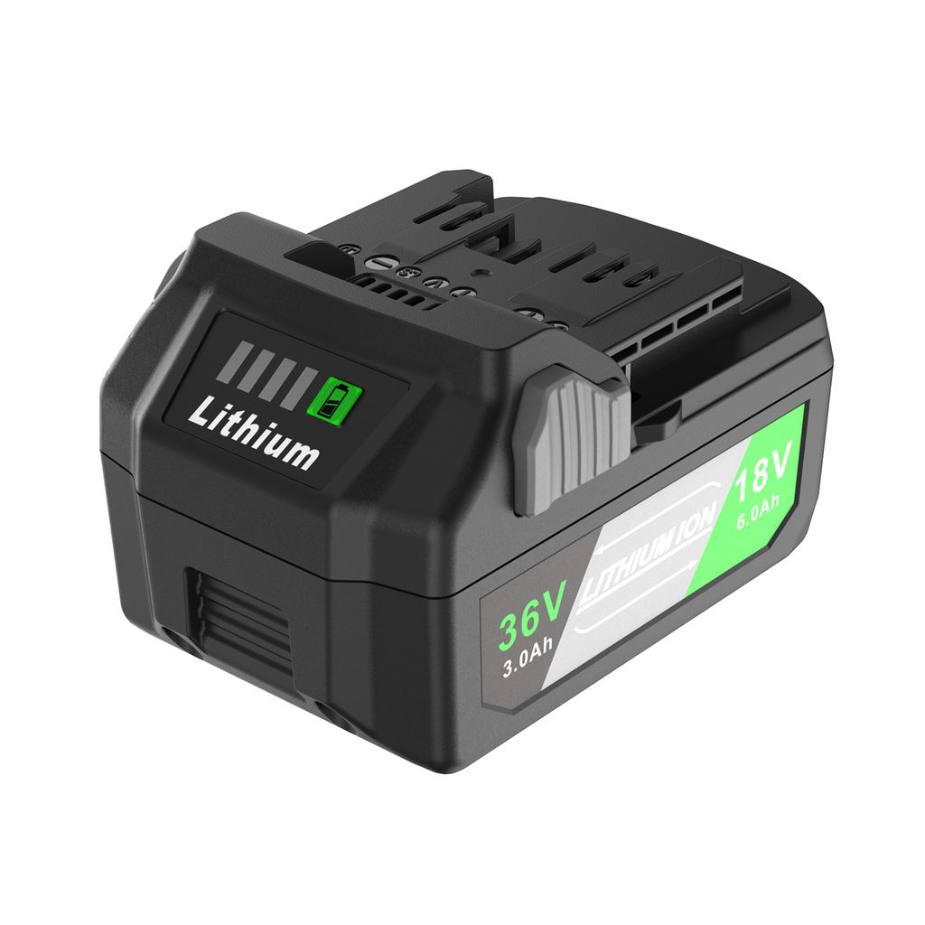 A black and green lithium-ion battery pack with text and indicators.