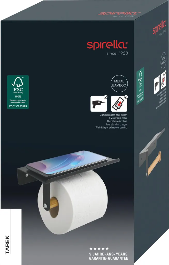 Porta rotolo di carta igienica Spirella "Tarek" Porta rotolo di carta igienica in bambù Porta rotolo di carta igienica con supporto per smartphone da attaccare o forare Nero