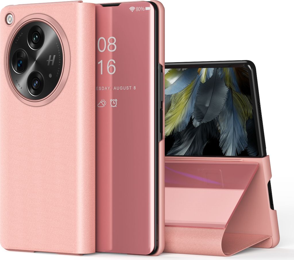 Hülle für OnePlus Open /Oppo Find N3 Überzug Spiegel View Klapp Schutzhülle mit Ständer Rose Gold