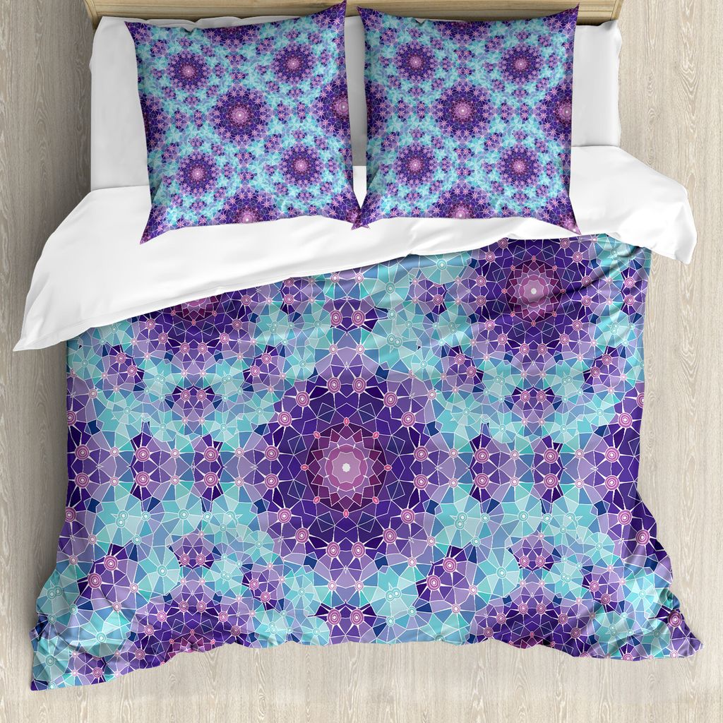ABAKUHAUS lila Mandala Bettbezugs Set Für Doppelbetten, Mosaikfractal, Milbensicher Allergiker geeignet mit Kissenbezügen, Himmelblau Lila Lila Teal