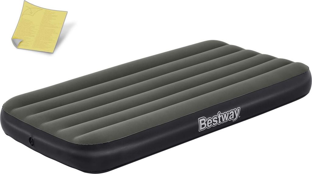 A gray and black inflatable mattress, branded Bestway, displayed on a white background with a corner swatch of yellow paper with text.