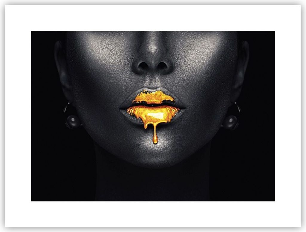 Poster - Poster ohne Rahmen - Gold Mund Schwarz - 40x30 cm - Wand Bild - Wanddeko - Wandbilder - Kunstposter - Wandposter - Bilder - Kunstdruck - W...