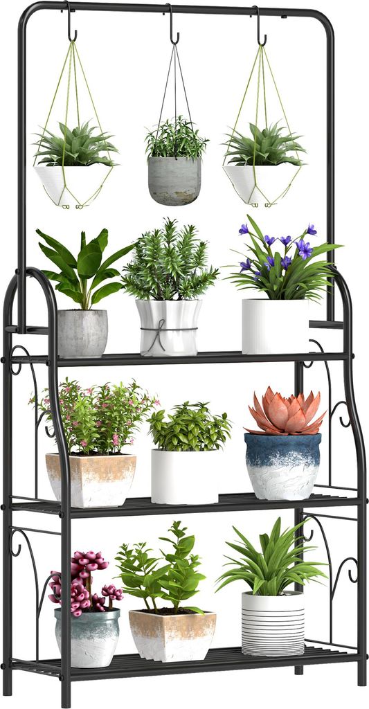 Blumenregal, 3-stufiges Pflanzenregal mit Hängehaken, Metallregal für Blumentöpfe, Indoor- und Outdoor-tauglich, Schwarz