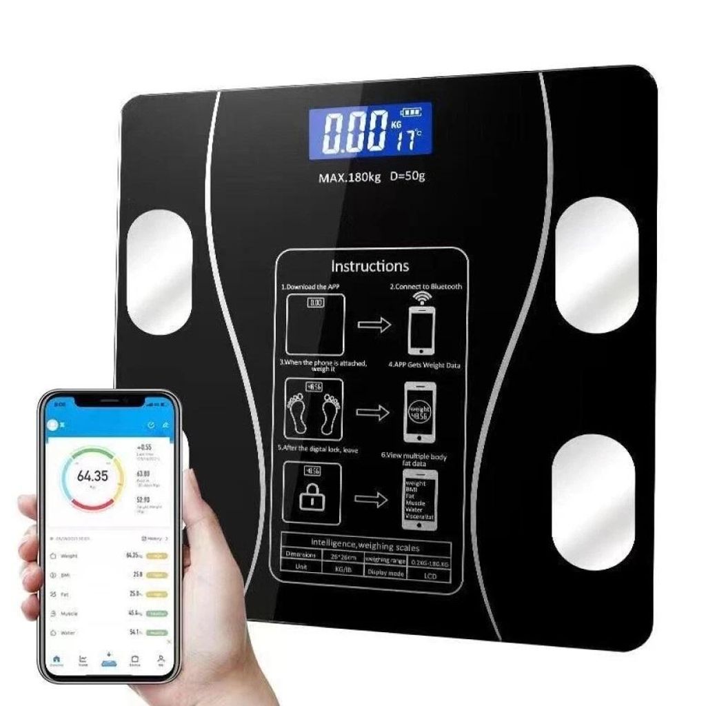 Bluetooth Körperfettwaage, misst Gewicht, Fett, Muskelmasse & BMI, App via Bluetooth, LCD Display, bis 180kg, gehärtetes Glas, moderne Badezimmer...