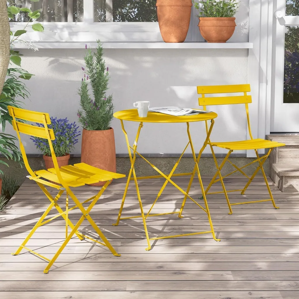 Set de Table et Chaises de Jardin pour Balcon et Terrasse Acier Jaune