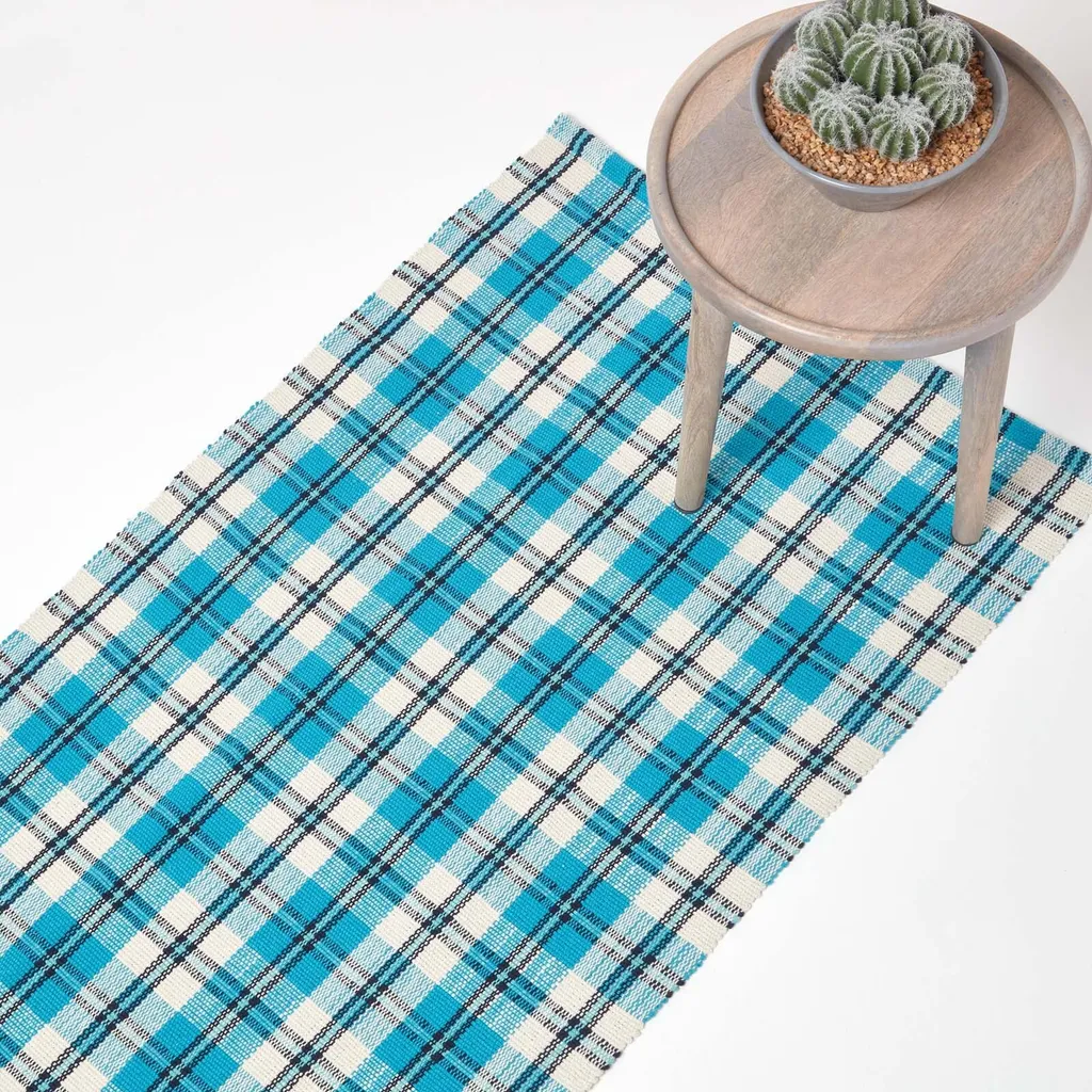 Tapis Irvine Bleu 100% Coton Tissé Main à Carreaux pour Salon et Entrée
