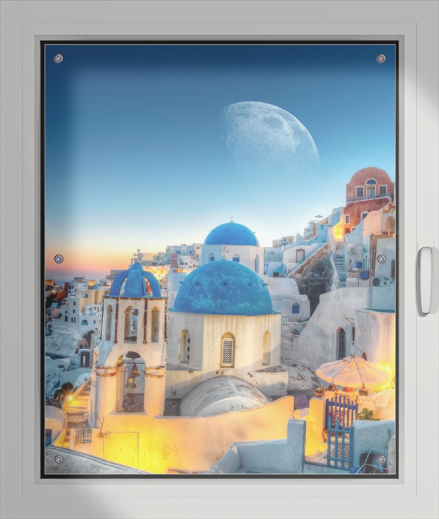 Wallario Lichtschutzbild, Dekorativer Sichtschutz Sonnenschutz 76 x 93 cm mit Motiv: Urlaub auf Santorini - Verdunklung ohne Bohren