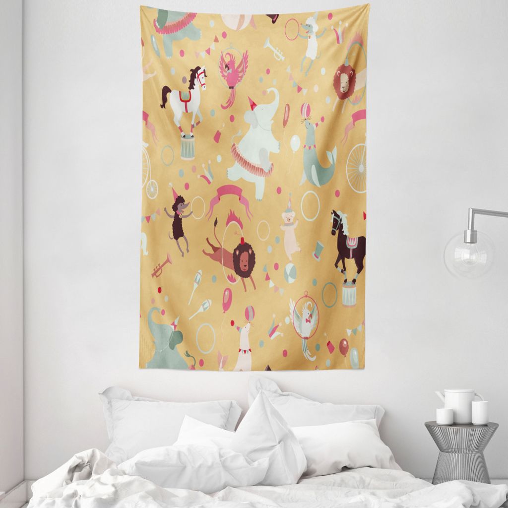 ABAKUHAUS Zirkus Wandteppich und Tagesdecke, Retro Cartoon-Zirkus aus Weiches Mikrofaser Stoff Waschbar ohne Verblassen Digitaldruck, 140 x 230 cm,...