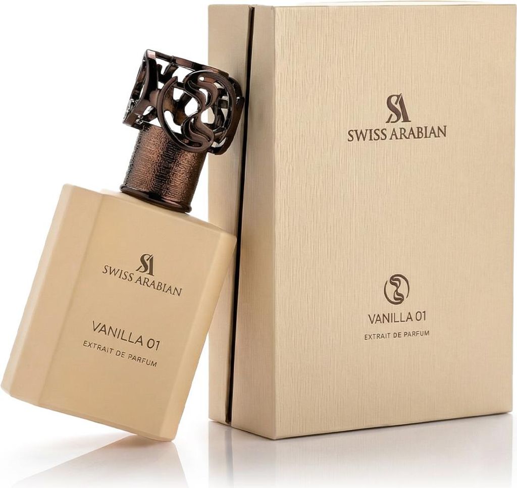 A bottle of Swiss Arabian Vanilla 01 perfume and its box, presented on a white background.