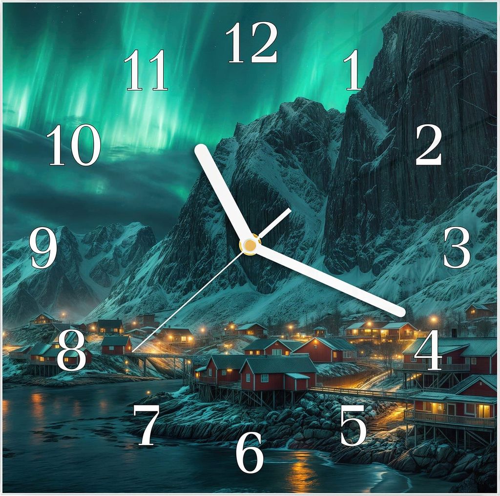 Wanduhr aus Glas mit Motiv Nordlichter über Fjord- 30 x 30 cm - inkl. Aufhängesystem