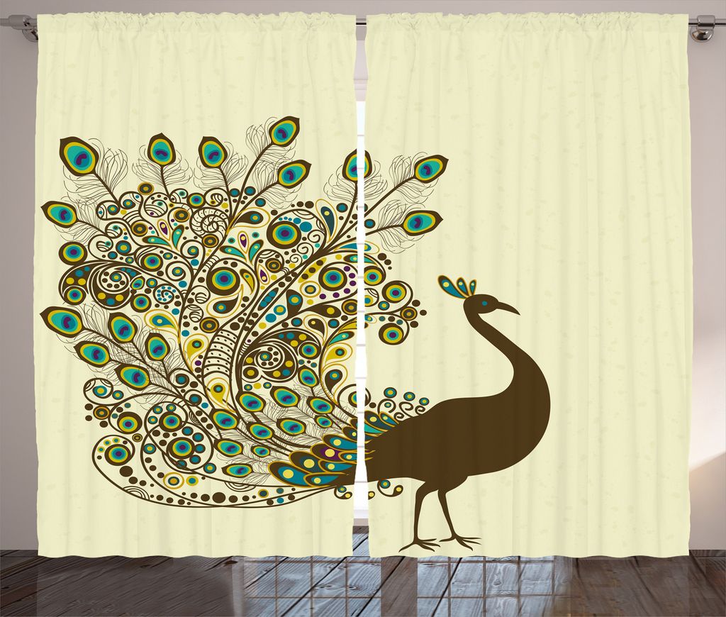 ABAKUHAUS Pfau Rustikaler Vorhang, Pfau-Vogel Profil, Wohnzimmer Universalband Gardinen mit Schlaufen und Haken, 280 x 245 cm, Mehrfarbig