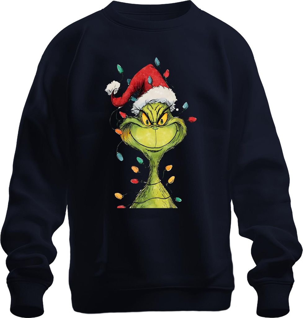 Grinch böser Grinser Lichterkette Weihnachten Geschenk retro Uni Sweatshirt Pullover, Navy, XL
