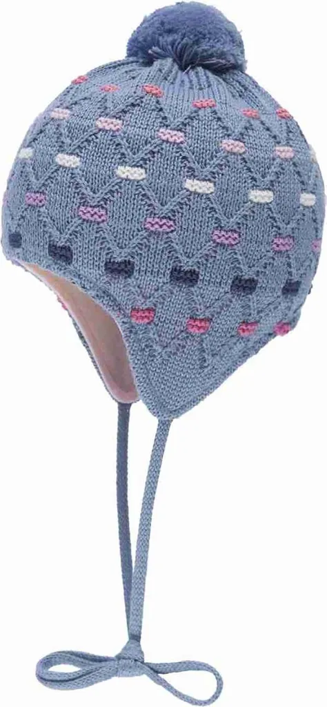 Cappello da bambina con cravatta blu e pompon, 100% cotone