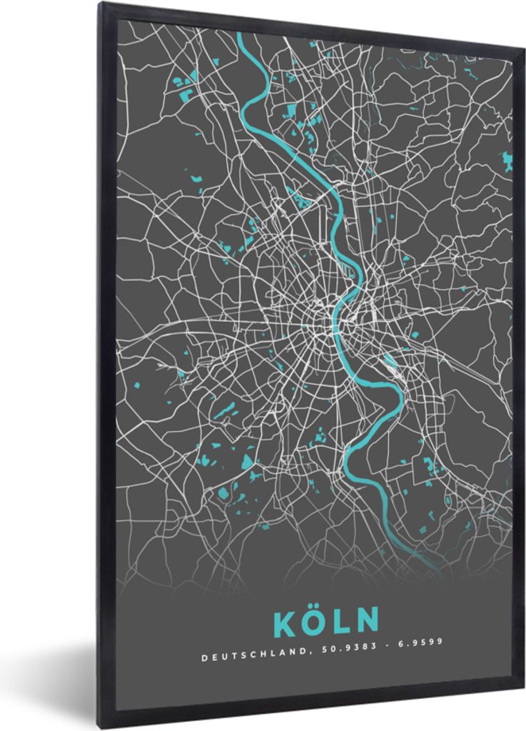 MuchoWow Gerahmtes Poster Deutschland - Blau - Köln - Stadtplan - Karte 60x90 cm - Poster mit Schwarzem Bilderrahmen Wandposter Rahmen Foto Bild...