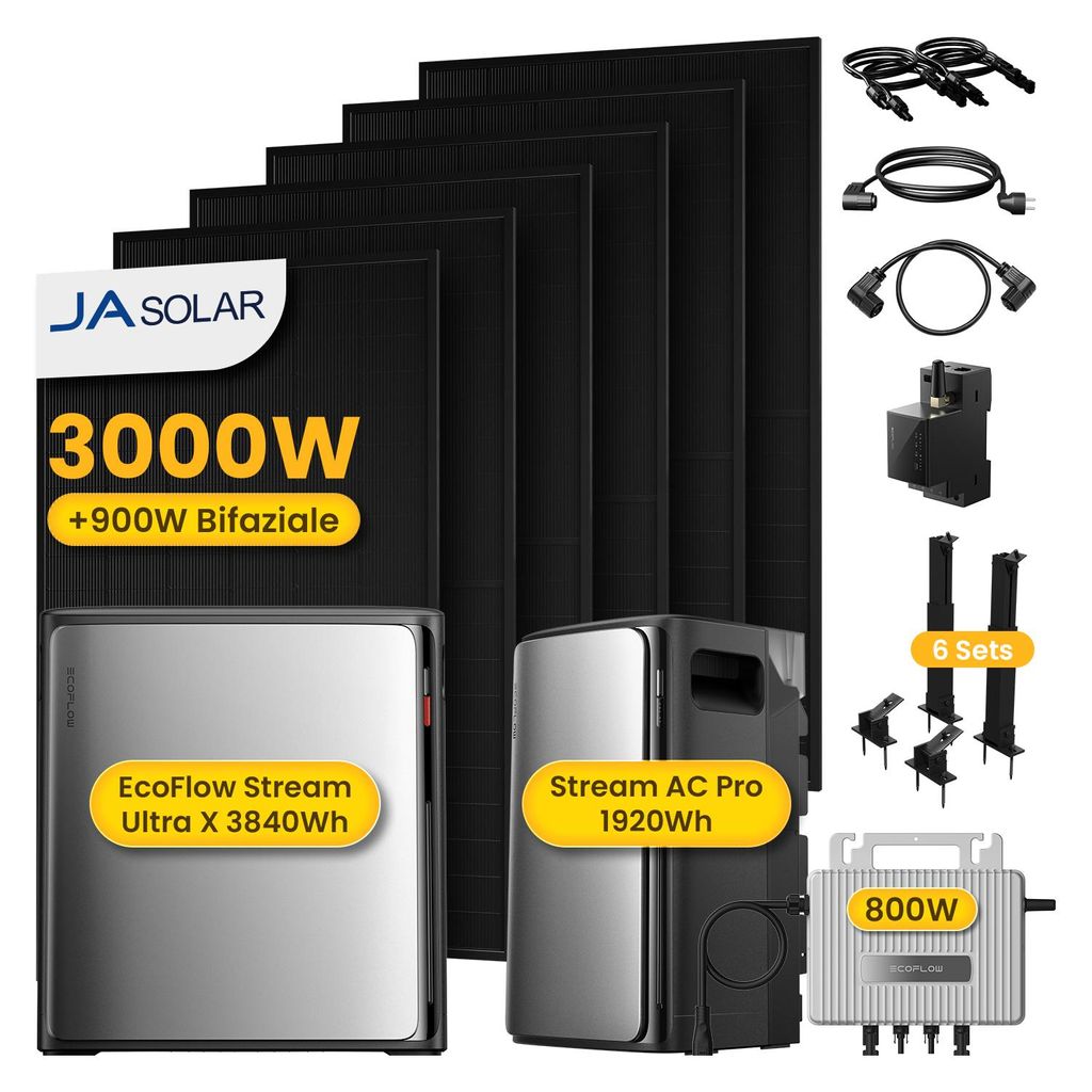 Powerness Balkonkraftwerk mit Speicher, EcoFlow STREAM Ultra X Speicher mit STREAM AC Pro,3000W JASolar Modulen & Halterung, Mikro-Wechselrichter ...