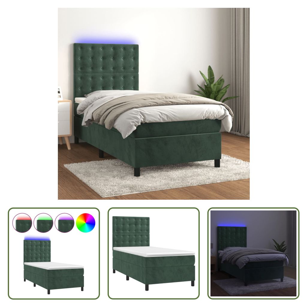 The Living Store Boxspringbett mit Matratze & LED Dunkelgrün 90x190 cm Samt