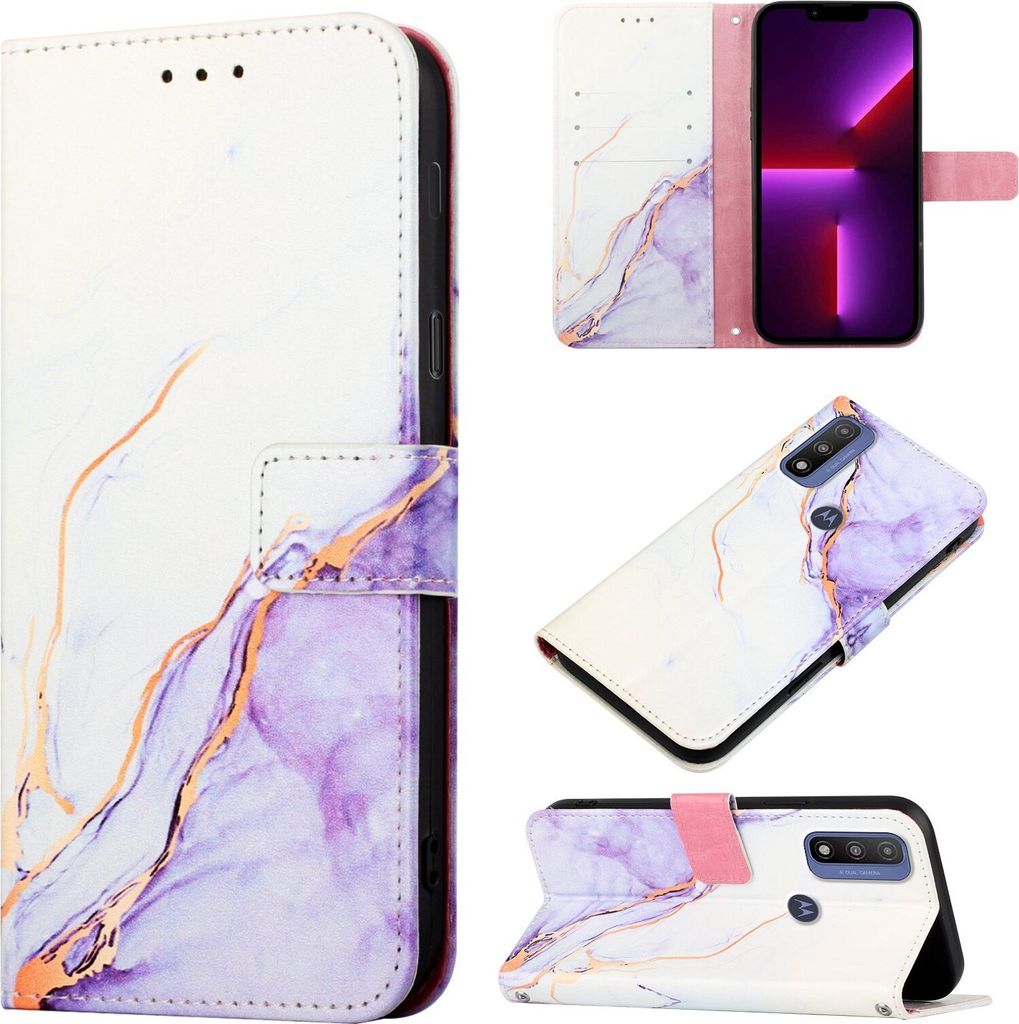 Moto G Pure Hülle, Marmor Motiv Kunstleder Tasche Wallet Kartenfächer mit Standfunktion Klapp Schutzhülle für Motorola Moto G Pure Weiß Lila