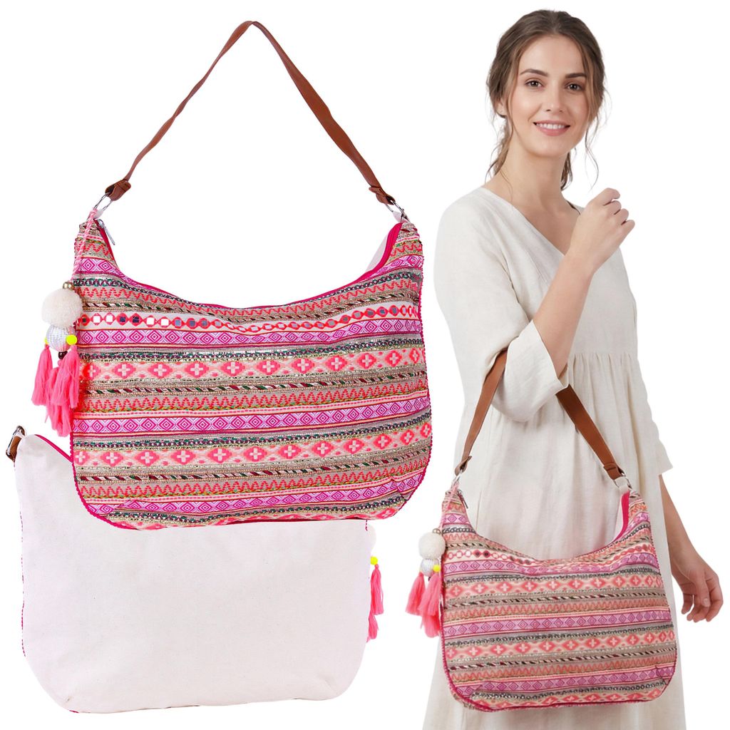 Farbenfrohe Boho-Umhängetasche – geräumige Damenhandtasche mit Schlüsselanhänger