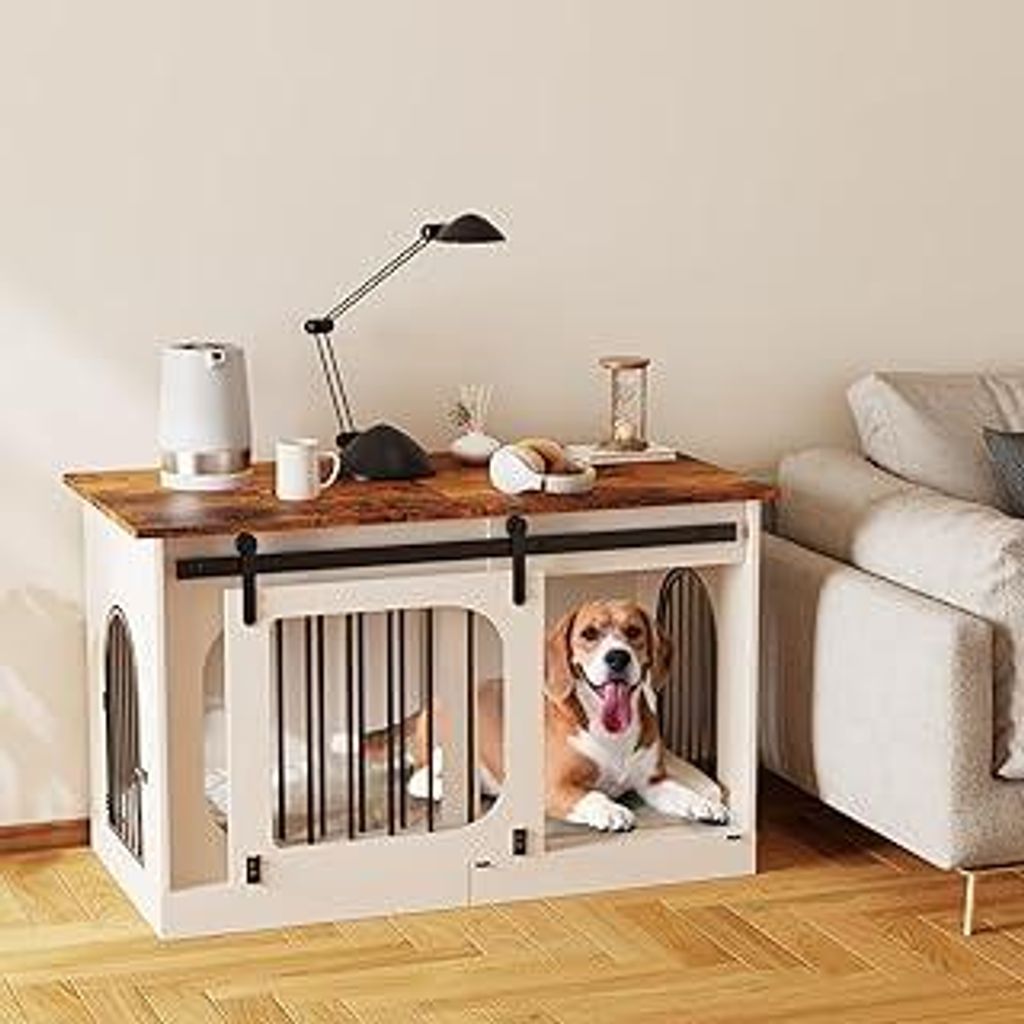 Hundebox für Zuhause 100cm, XL Hundekäfig Möbel mit 3 Schiebetüren & Hundematte, Moderne Hundehütte Holz für Kleine Mittlere Große Hunde, 10...