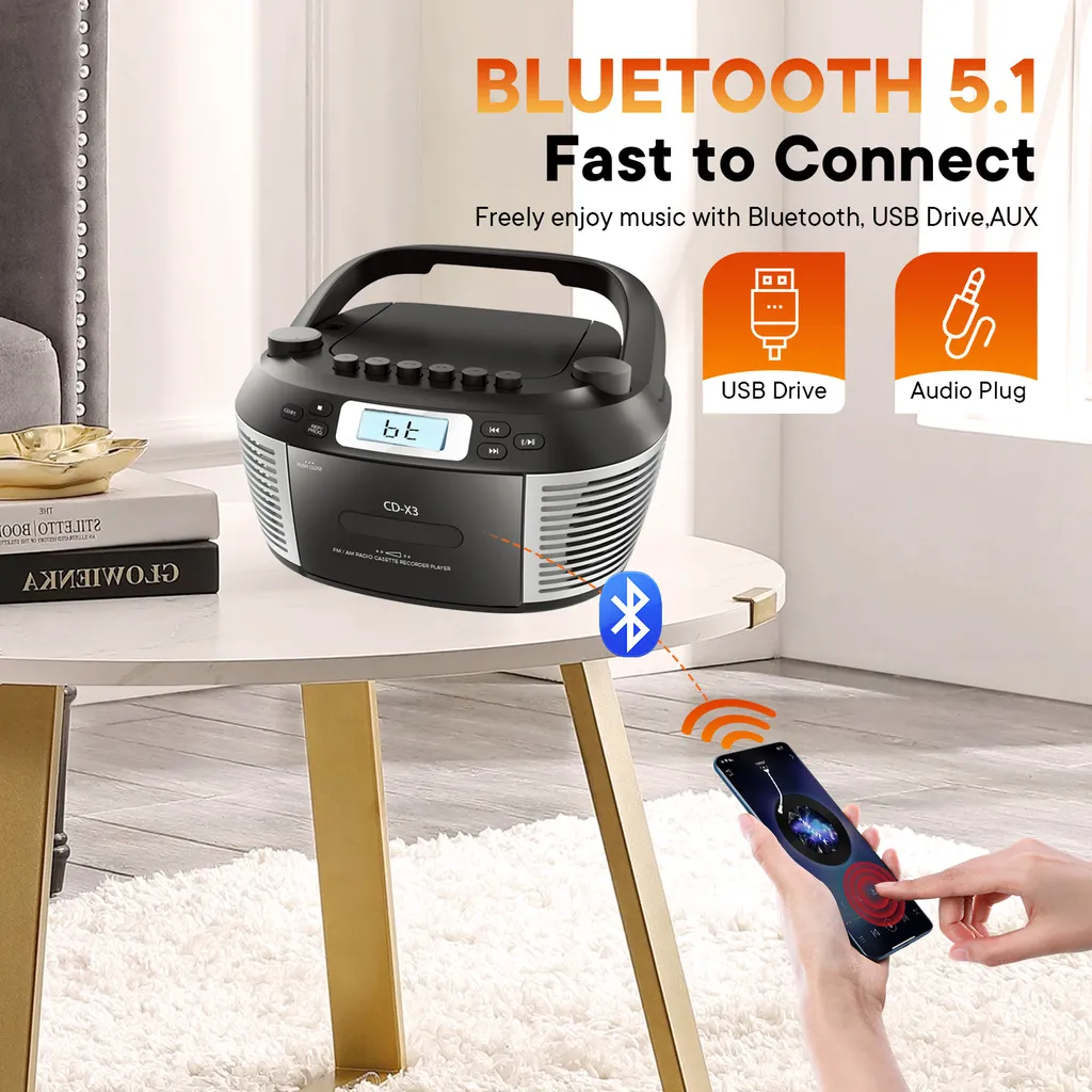 ZELURXX Lecteur CD Noir avec Télécommande et Haut-parleurs Bluetooth