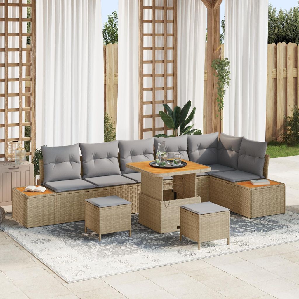 Desgin 9-Teiliges Garten Sofa Set mit Kissen Beige Poly Rattan Akazie - Gartensofas 3364882