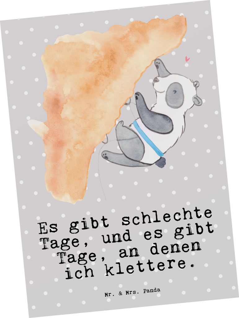 Mr. & Mrs. Panda Postkarte Panda Klettern - Grau Pastell - Geschenk, Kletterhalle, Klettersport, Grußkarte, Postkarten, Fotokarte, Bouldern, Ansic...