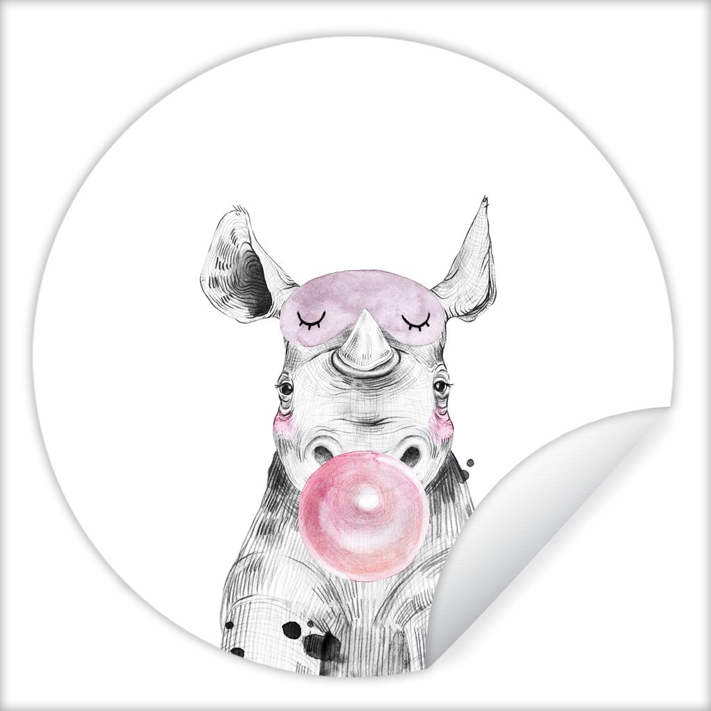 MuchoWow Runde Wandtattoo - Wandsticker Tapete Aufkleber Rhinozeros - Rosa - Kaugummi - Tiere - Mädchen - Kinder Ø 80 cm Selbstklebend und Repo...