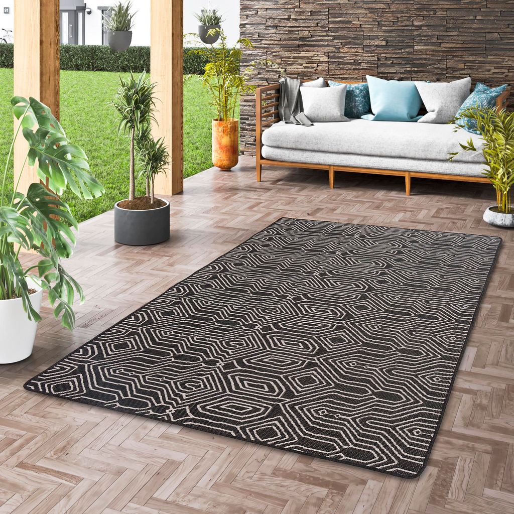 In- und Outdoor Teppich Beidseitig Newport Boho Schwarz Weiss, Größe:400x400 cm