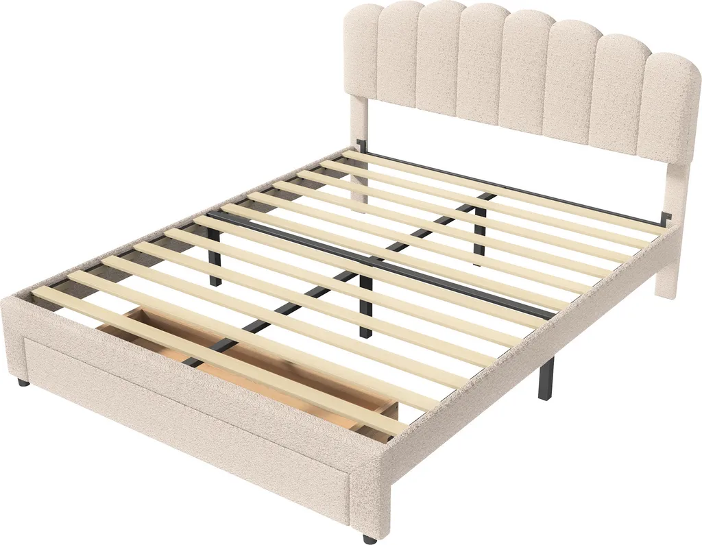 Lit 160x200 tissu teddy beige avec tiroirs de rangement et prises USB