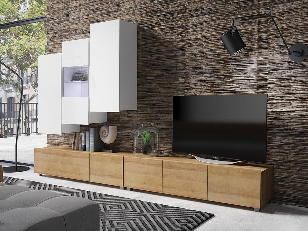 Wohnwand CALABRINI-17 Wohnzimmer-Set Hängewohnwand Schrankwand mit LED-Beleuchtung TV-Schrank Vitrine Moderne Anbauwand Hochglanz (Weiß + Eiche G...