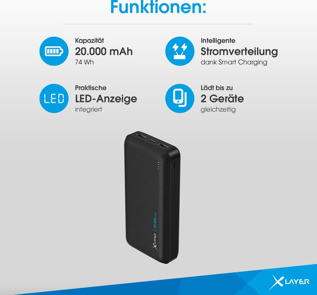 Xlayer Powerbank Solid 20000 mAh Akku schnelles Aufladen Produktbild 4