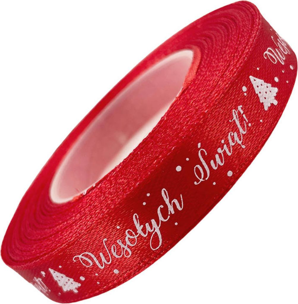 Band mit „MERRY CHRISTMAS“-Aufdruck, roter Satin, 12 mm x 23 m