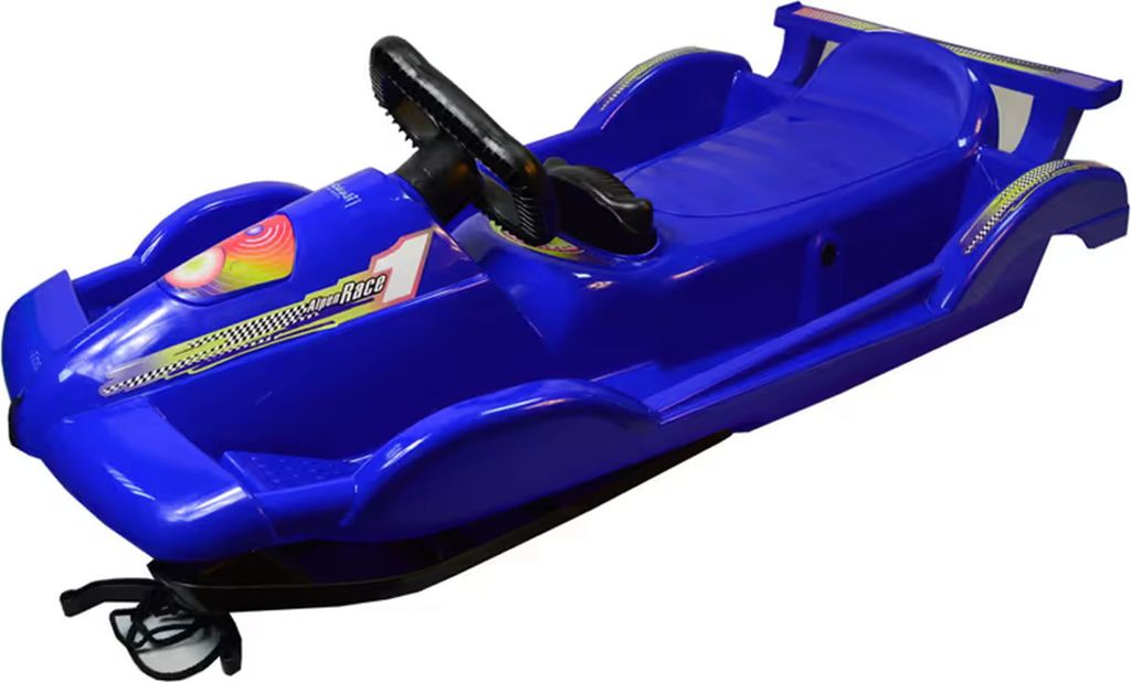 A blue plastic sled designed to look like a race car, shown from a three-quarter angle against a white background.