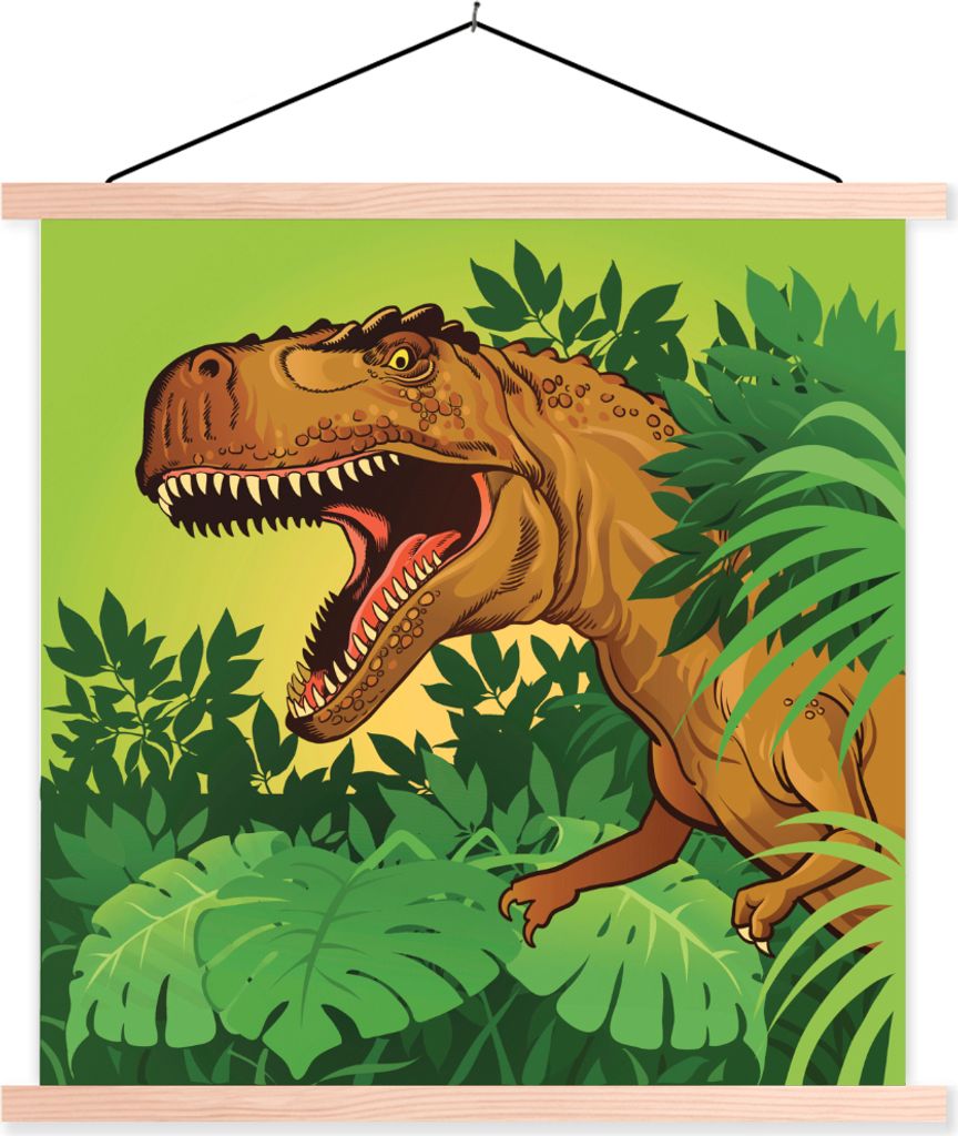 MuchoWow Textilposter Dinosaurier - Pflanzen - Braun - Illustration - Kinder - Baby - Junge 120x120 cm mit holzfarbenen Rahmen - Textil-Poster