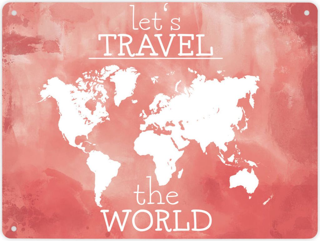 Metallschild XL in 21x28 cm mit Weltkarte und Spruch - let's travel the world