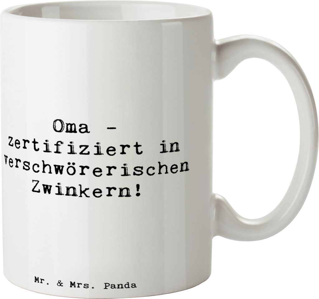 Mr. & Mrs. Panda Kaffeetasse Spruch Oma Zwinkern - Weiß - Geschenk, Verbundenheit, Jubiläen, handgemacht, Kaffeebecher, Lächeln, Familie, Kompli...