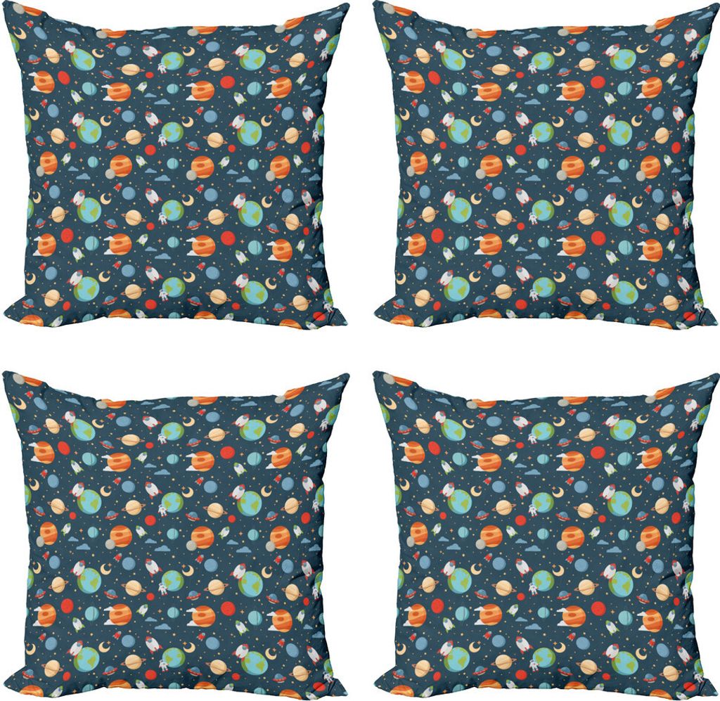 ABAKUHAUS Kindergarten Kissenbezug Set (4 Stück), Cartoon Planeten im Weltraum, Moderner Doppelseitiger Digitaldruck, 40 cm x 40 cm, Mehrfarbig