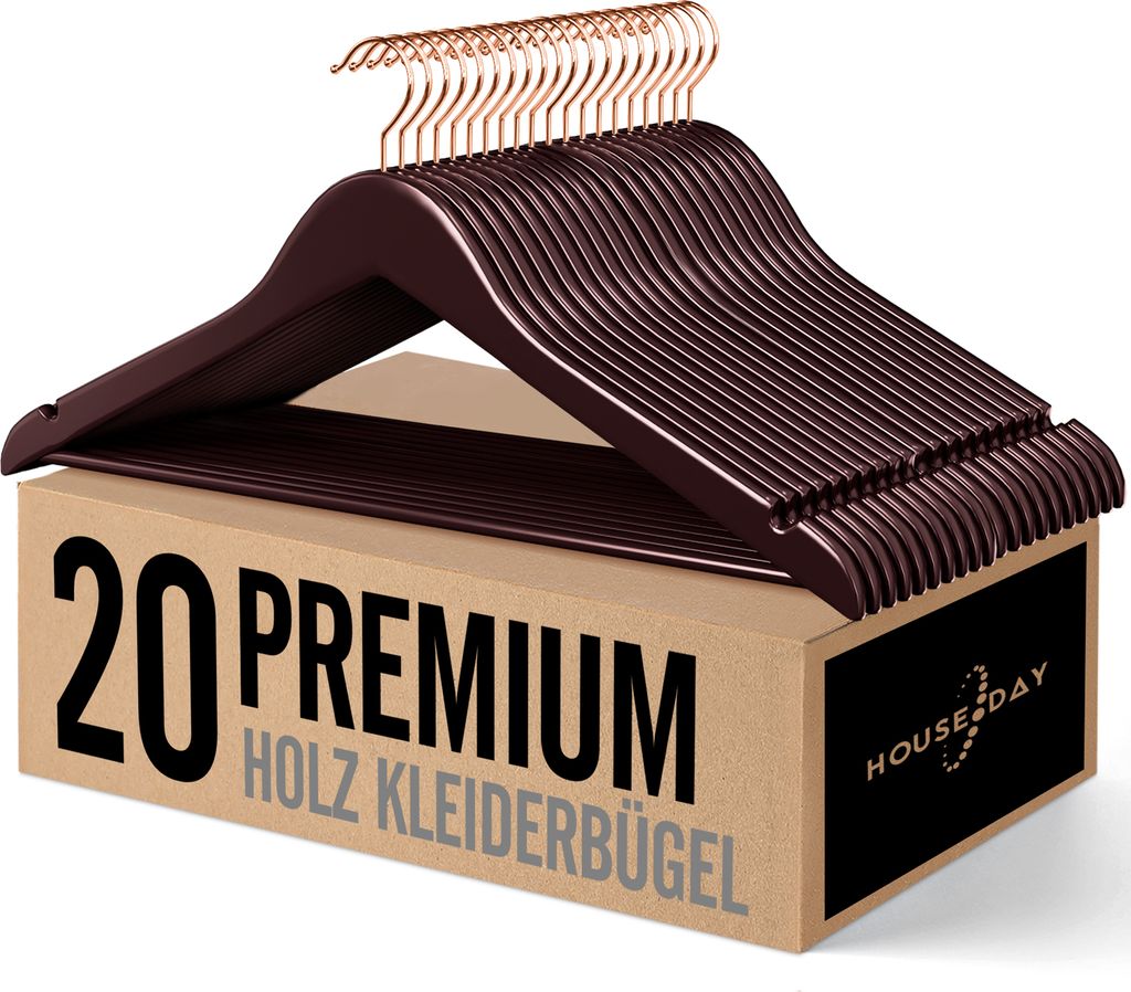 A stack of brown wooden hangers with rose gold hooks, resting on a cardboard box with product information.