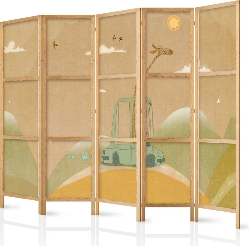 5-teiliger Einseitiger Vlies Japanischer Paravent - Dreamy Traveler - Giraffe driving a car on a beautiful sunny day. 225x172 cm Für Kinder e-A-10...