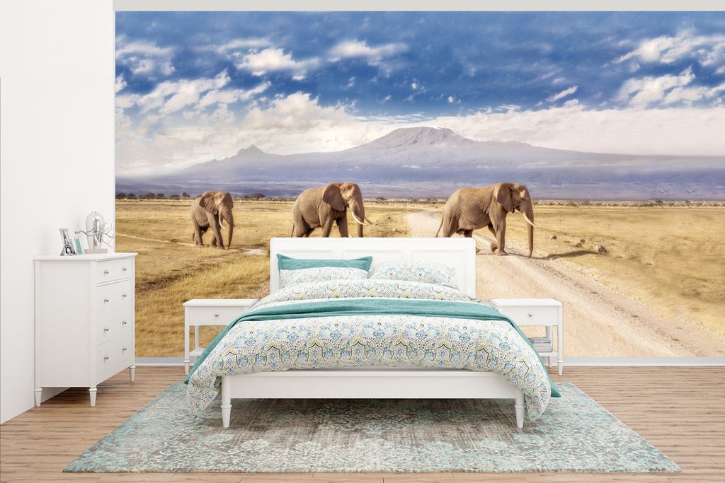 MuchoWow Fototapete für Wohnzimmer oder Schlafzimmer Wandtapete Vinyl Motivtapete Drei Elefanten kreuzen - 430x240 cm - Gemustert