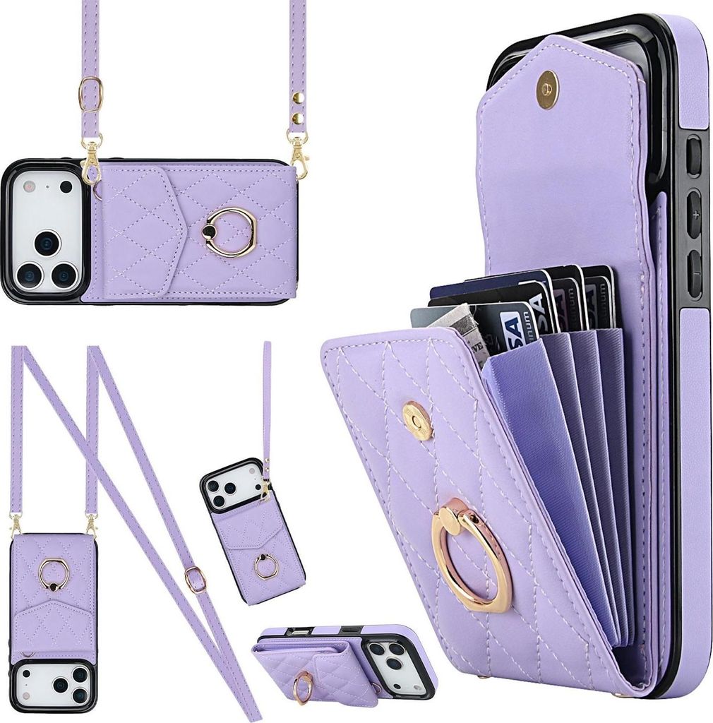 Crossbody Kunstleder Hülle für Apple iPhone 17 Pro mit Rhombic Muster & RFID Kartenfach Hell-Lila