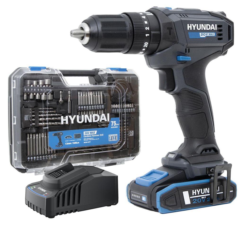 HYUNDAI Akku-Schlagbohrschrauber 20V, 50 Nm – Set inkl. Akku, Ladegerät & 75-teiligem Zubehör – mit Metallgetriebe & 13 mm Bohrfutter – sof...