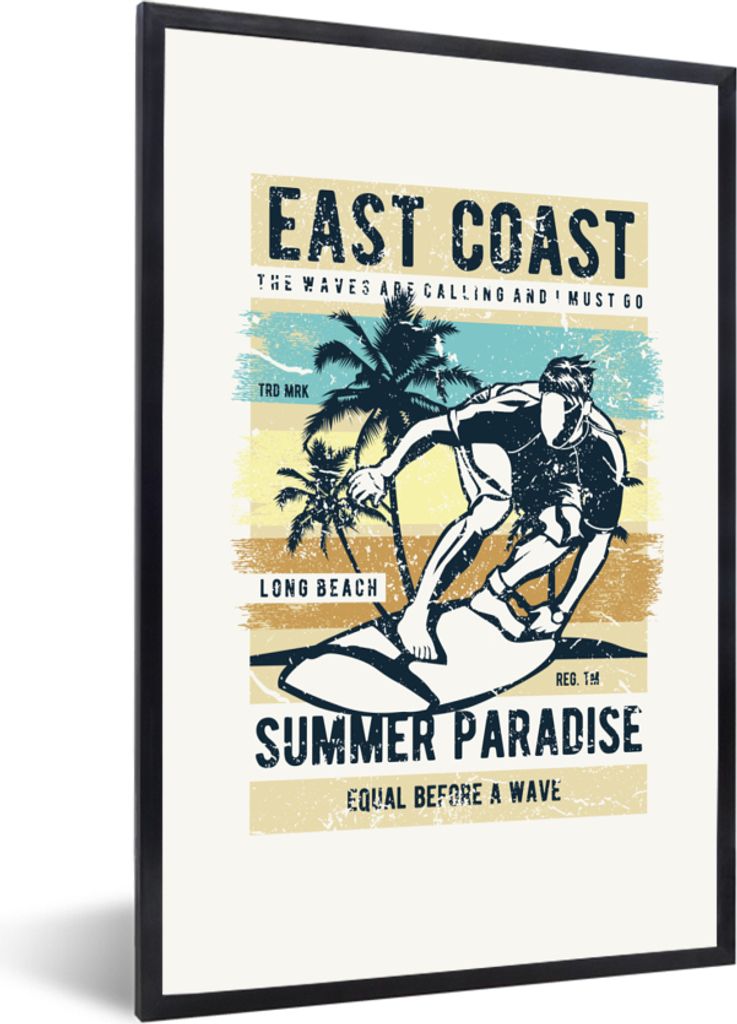 MuchoWow MuchoWow Gerahmtes Poster Surfbrett - Meer - Strand - Vintage 20x30 cm - Poster mit zchwarzem Bilderrahmen - Drucken - Bilder Poster i...