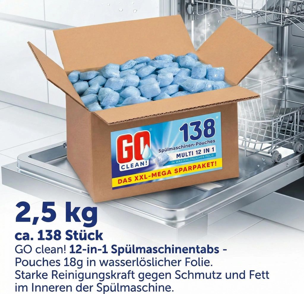 GO clean! 2,5 kg ca. 138 Stück 12-in-1 Spülmaschinentabs - Pouches 18g in wasserlöslicher Folie. Starke Reinigungskraft gegen Schmutz und Fett
