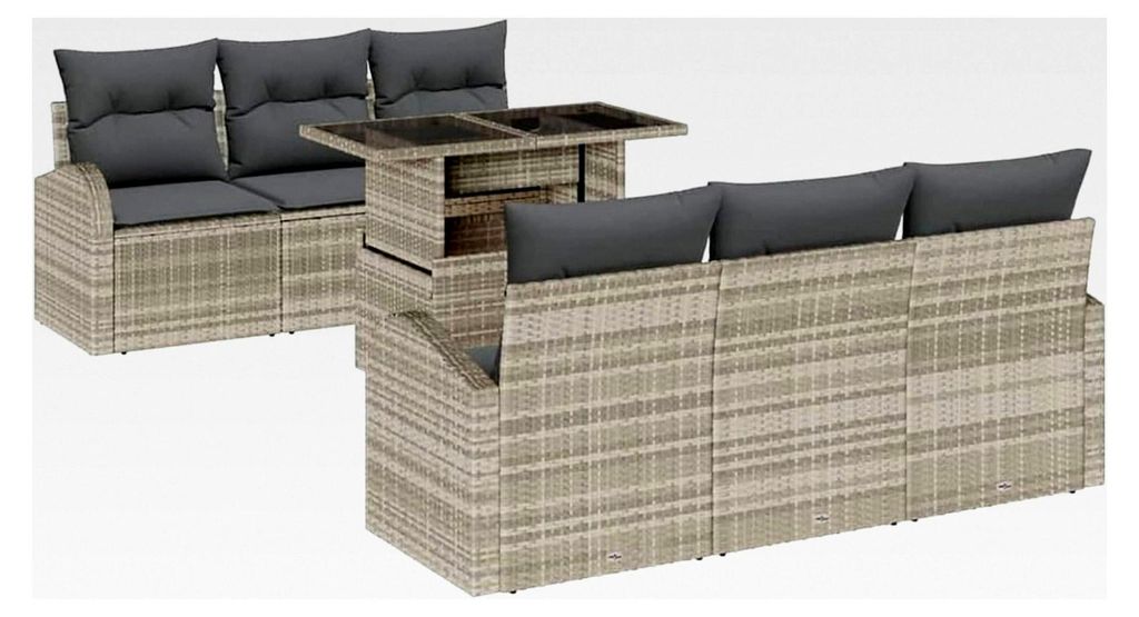 Garten-Sofa-Set mit Kissen 7-teilig Hellgrau Poly Rattan